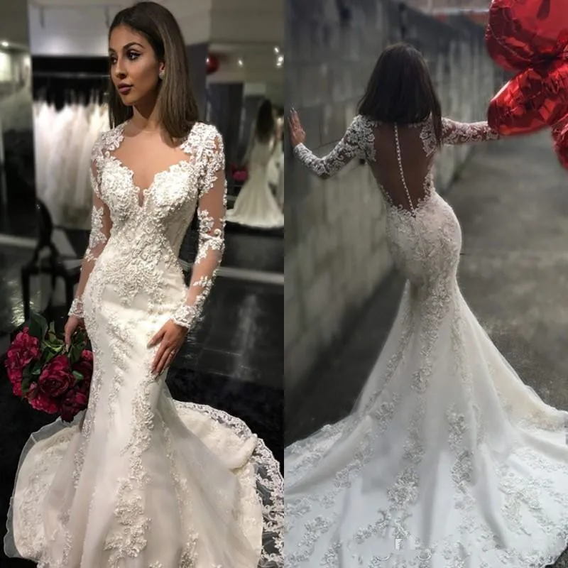 2019 New Sheer Crew Neck Button Back Mermaid Wedding Dresses Arabic Long Sleeves Lace Appliques Robe Sweep Train Bridal Gowns
2019 New Sheer Crew Neck Button Back Mermaid Wedding Dresses Arabic Long Sleeves Lace Appliques Robe Sweep Train Bridal Gowns