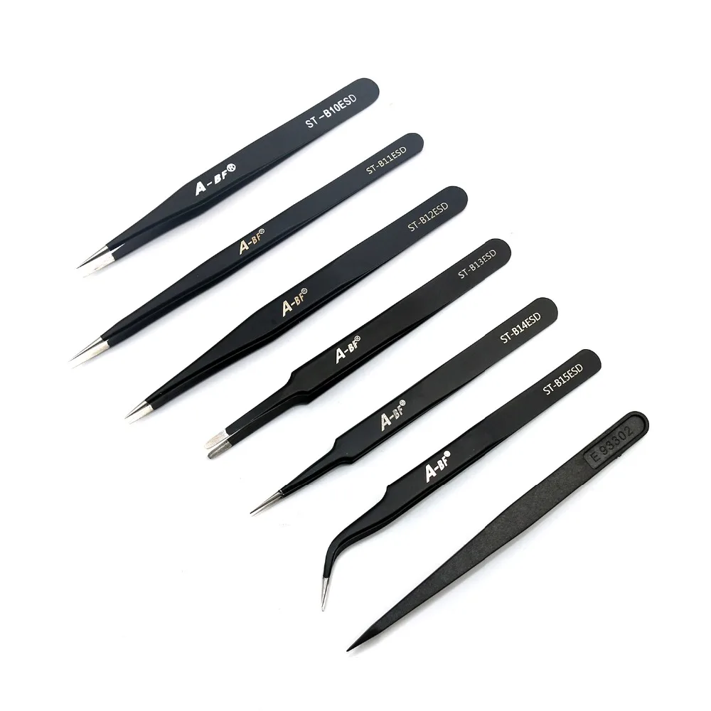 

A-BF 6pcs Anti-static Tweezers Precision ESD Stainless Steel Tweezers Set Black with 1 Antistatic Plastic Tweezers