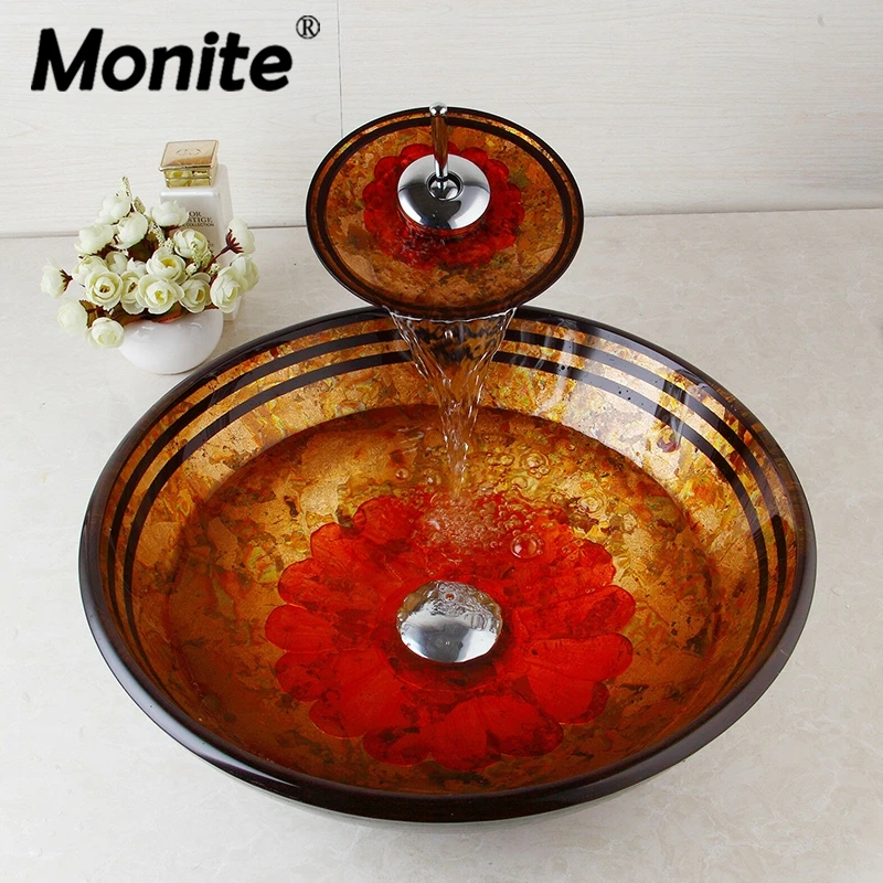 Monite Red Flower Tempered Glass Basin Sink Washbasin Faucet Set Counter top Washroom Vessel Vanity Sink Bathroom Mixer
Monite Red Flower Tempered Glass Basin Sink Washbasin Faucet Set Counter top Washroom Vessel Vanity Sink Bathroom Mixer