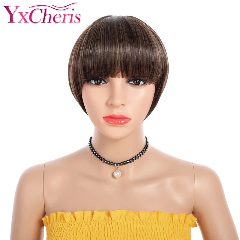 Pixie Cut Wigs Female Short Hair Wig Brown Mixed Color Heat Resistant Fiber Synthetic Straight Bob For Black Women | Шиньоны и парики