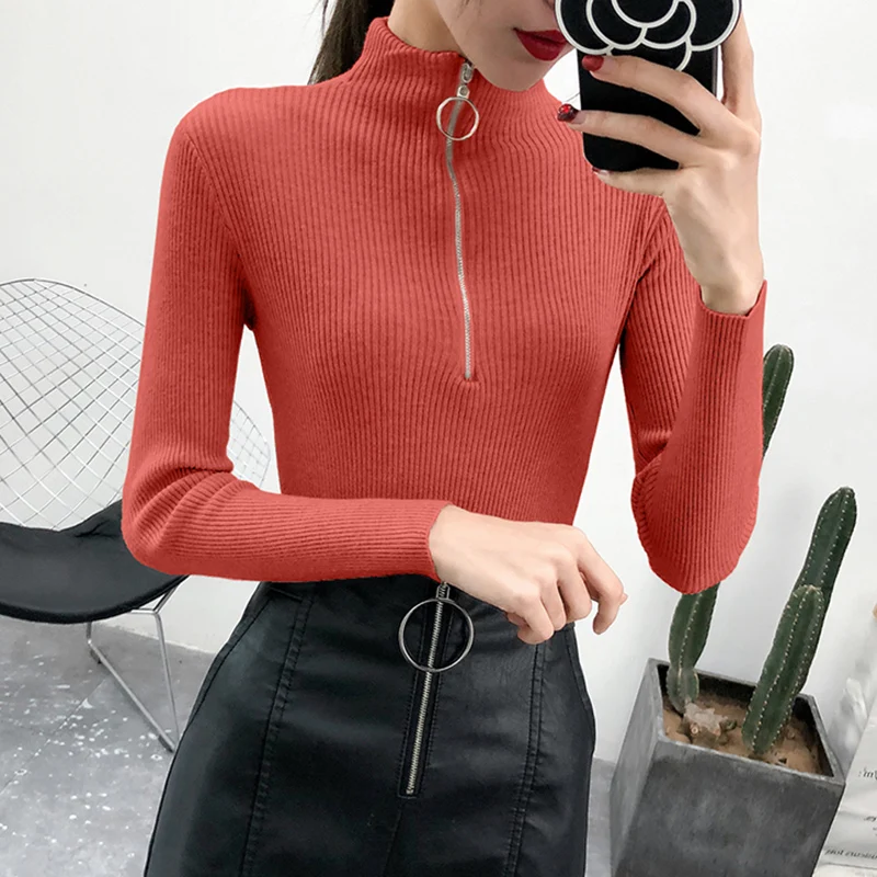 shintimes Casual Zipper Turtleneck Pullovers Women Sweater Long Sleeve Elastic Knitted Femme Solid Warm Jumper High Quality Tops | Женская