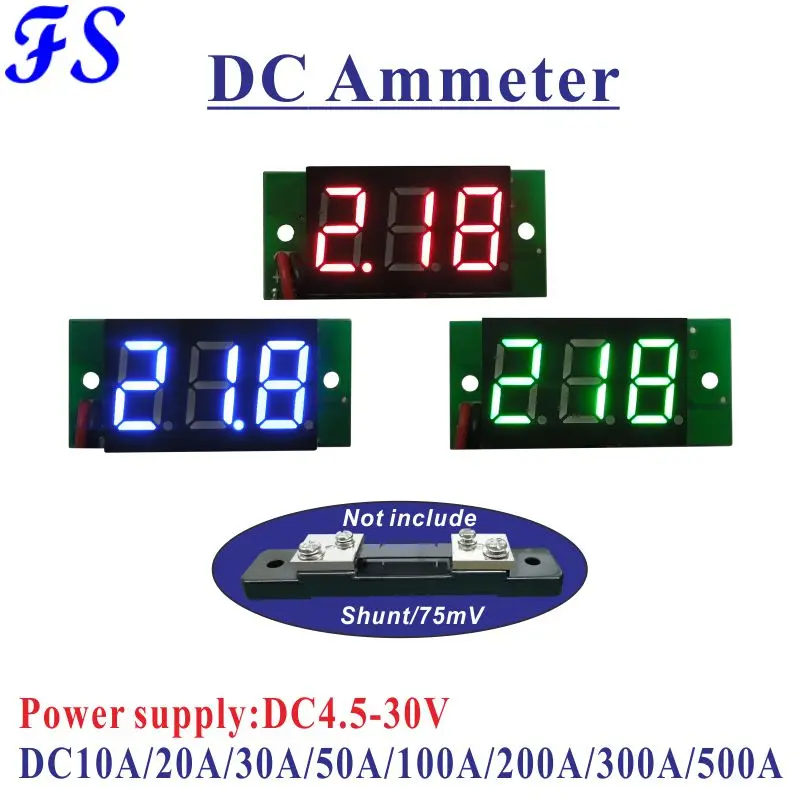 Цифровой амперметр постоянного тока YB20C DC10A 20A 30A 50A 100A 200A 300A 500A LED 0 36''|Измерители