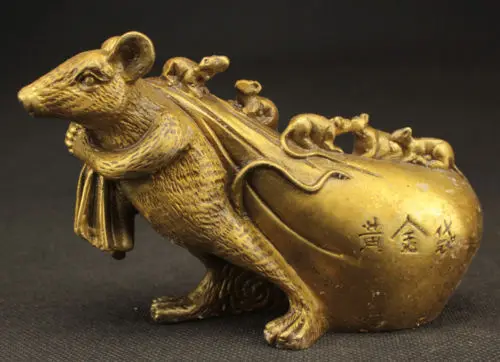 

Arts Crafts Copper Exquisite Chinese Brass Statue - Big Mouse Draging Big Gold Bag and Small Mice