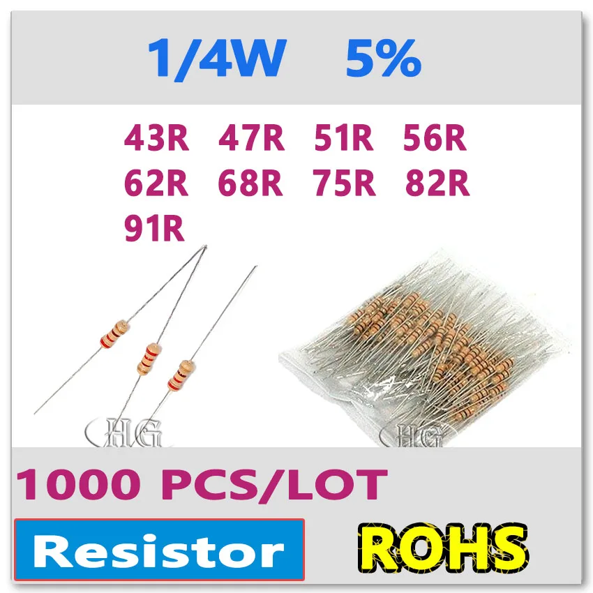 JASNPROSMA 1000PCS/LOT 5% 1/4W 43OHM 47OHM 51OHM 56OHM 62OHM 68OHM 75OHM 82OHM 91OHM carbon film DIP OHM high quality Resistor
JASNPROSMA 1000PCS/LOT 5% 1/4W 43OHM 47OHM 51OHM 56OHM 62OHM 68OHM 75OHM 82OHM 91OHM carbon film DIP OHM high quality Resistor