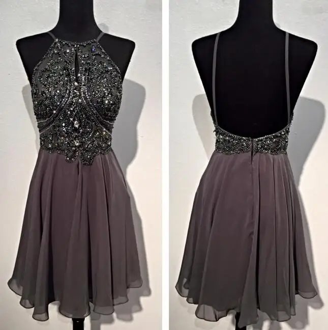 Gray Homecoming Dresses A-line Halter Short Mini Chiffon Beaded Crysals Elegant Backless Cocktail Dresses
Gray Homecoming Dresses A-line Halter Short Mini Chiffon Beaded Crysals Elegant Backless Cocktail Dresses