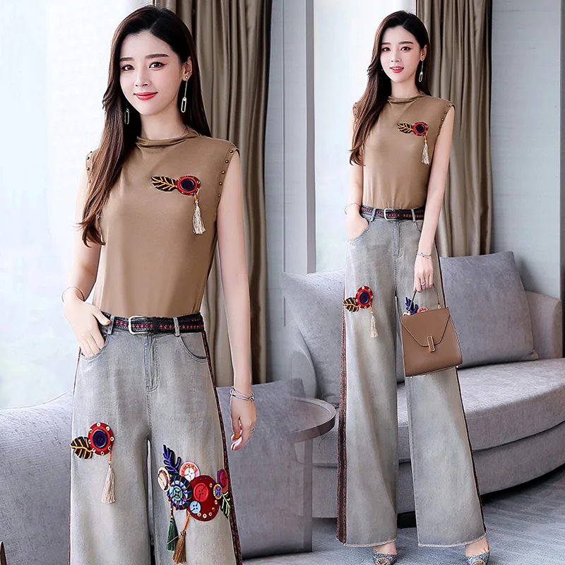 Fashion Woman 2 Pieces Sets Outfits Wide Leg Pants Jeans Top&pants Set Sleeveless Women's Summer Suit Ensemble Femme Deux Pieces
Fashion Woman 2 Pieces Sets Outfits Wide Leg Pants Jeans Top&pants Set Sleeveless Women's Summer Suit Ensemble Femme Deux Pieces