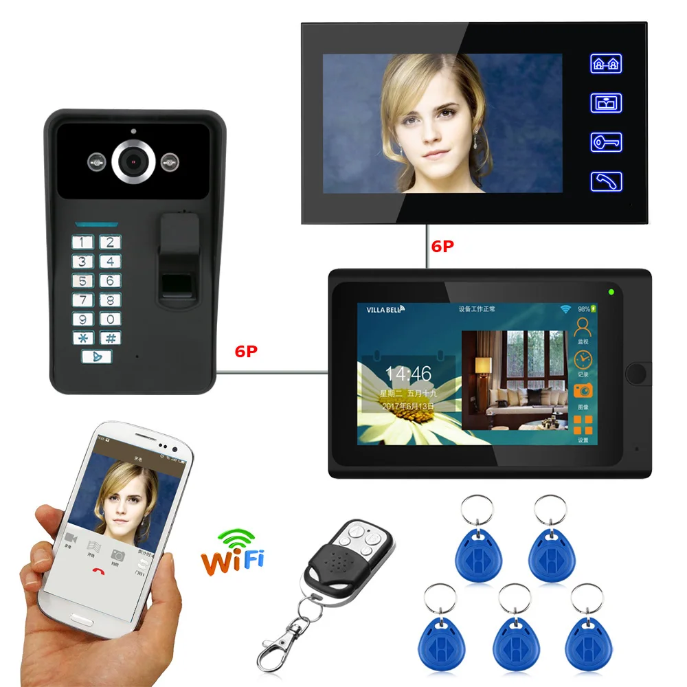 

720P 7" 2 Monitors Wired /Wireless Wifi Video Door Phone Doorbell Intercom System with Fingerprint RFID Password IR-CUT Camera