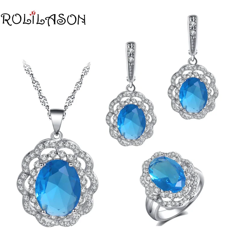 ROLILASON Engagement Celebration light Blue Zircon Round Flower Design For Women Silver Earrings Necklace Ring jewelry Set JS775 | Украшения