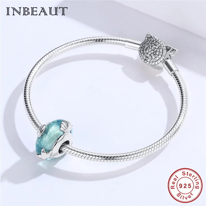 INBEAUT 100% 925 пробы серебро темно Морская синяя звезда стеклянные бусины подходят
