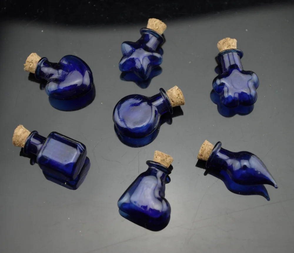 7pcs Shaped Royal Blue Glass Bottle Set Vial with Cork Stopper and Eyehook