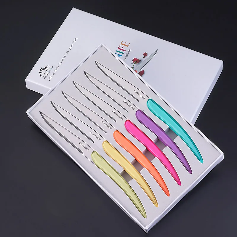 6pcs 8.7''/22cm Colored Steak Knives High Quality Stainless steel Table Knife Christmas Gift Party Dinner Knife set in Box
6pcs 8.7''/22cm Colored Steak Knives High Quality Stainless steel Table Knife Christmas Gift Party Dinner Knife set in Box