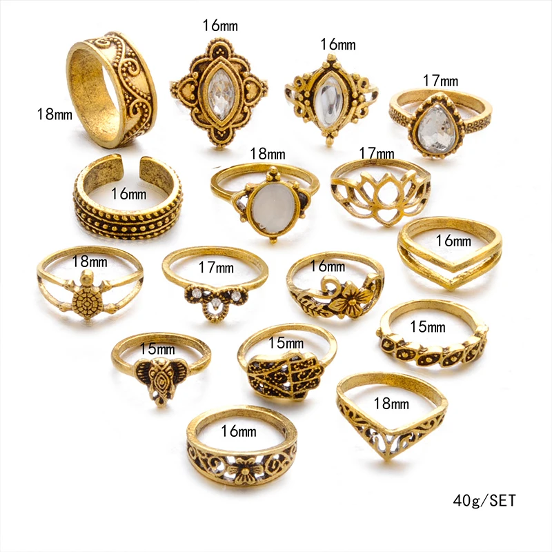 16 Pcs/Set Personality Women Ring Set Turtle Elephant Drops Openwork Lotus Geometric Crystal Gold Silver Color Jewelry | Украшения и