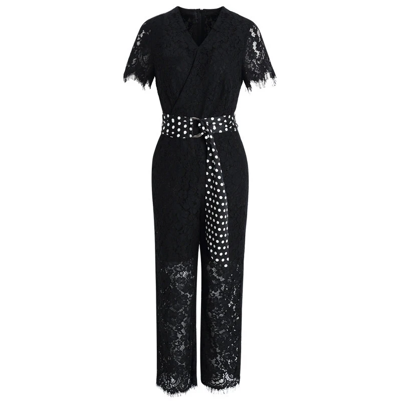 PERHAPS U Black White Short Sleeve V Neck Lace Jumpsuits Wide Leg Ankle-length Pants Summer Sash Pocket Office Lady J0081
PERHAPS U Black White Short Sleeve V Neck Lace Jumpsuits Wide Leg Ankle-length Pants Summer Sash Pocket Office Lady J0081