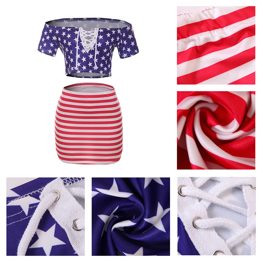 Women 2 Piece American Flag Off Shoulder Crop Top+Skirt Set Dress Party Clubwear | Женская одежда