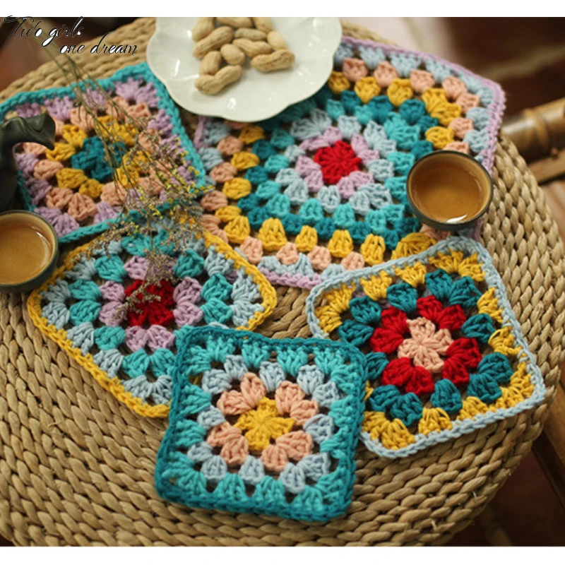 

Original Handmade Crochet Doilies Suit Square DIY Colors Coaster Dining Room Table Decor Placemats Traycloth Prop 12-19CM 10pcs/