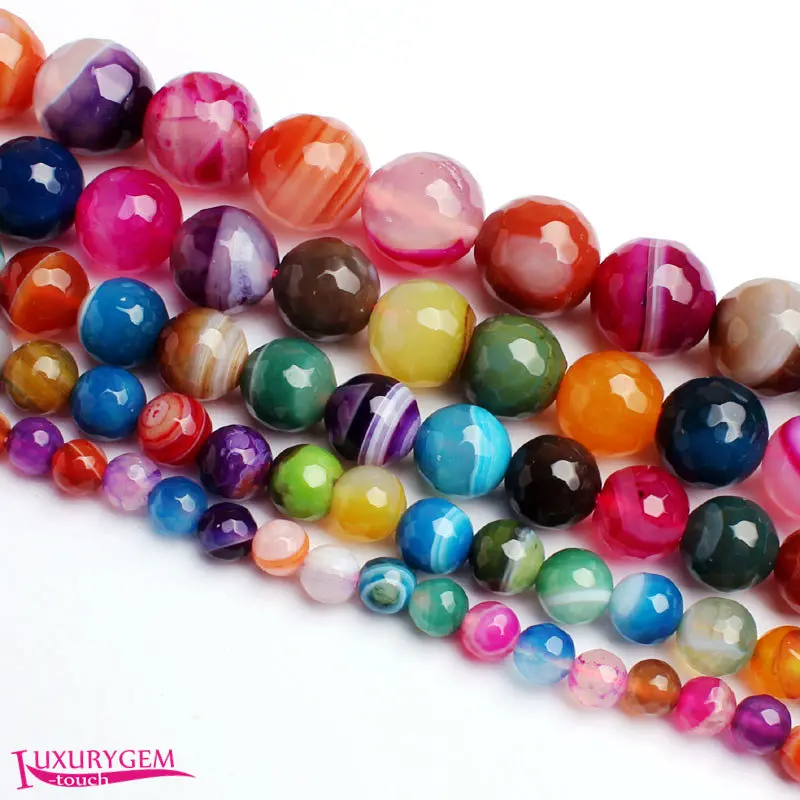 

High Quality 4,6,8,10,12,14mm Natural Faceted Round Shape Banded Multicolor Agates Stone DIY Gems Loose Beads 15 Inch wj333