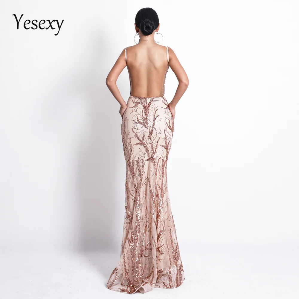 

Yesexy 2021 Women Sexy Deep V Off Shoulder Sequin Print Dresses Female Backless Elegant Maxi Party Dress Vestdios VR18690