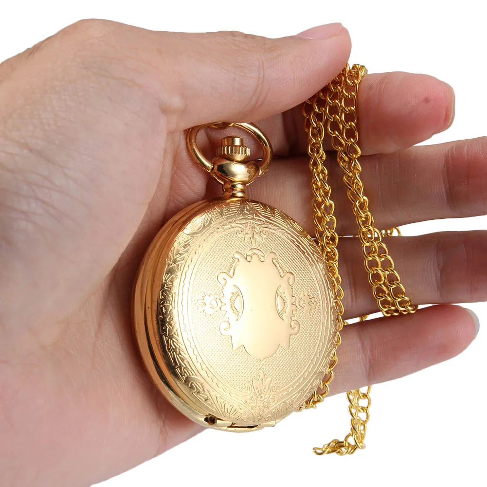 1pc Men Women Quartz Pocket Watch Golden Shield Pattern Carved Case with Chain LL@17
1pc Men Women Quartz Pocket Watch Golden Shield Pattern Carved Case with Chain LL@17