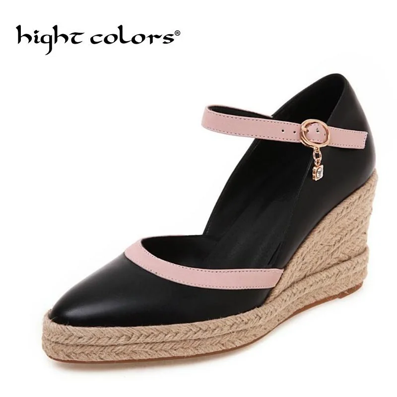 

Fashion Ladies New Pointy Toe Ankle Strappy Womens Wedge Heel Shoes Female Contrast Color Mary Janes Pumps Plus Size 43