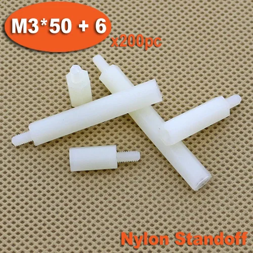 

200pcs Male To Female Thread M3 x 50mm + 6mm White Plastic Nylon Hexagon Hex Standoff Spacer Pillars