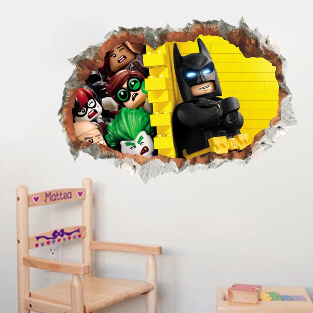 Фото % ПВХ забавные мультяшные настенные наклейки Бэтмен 3d сквозные для детской
