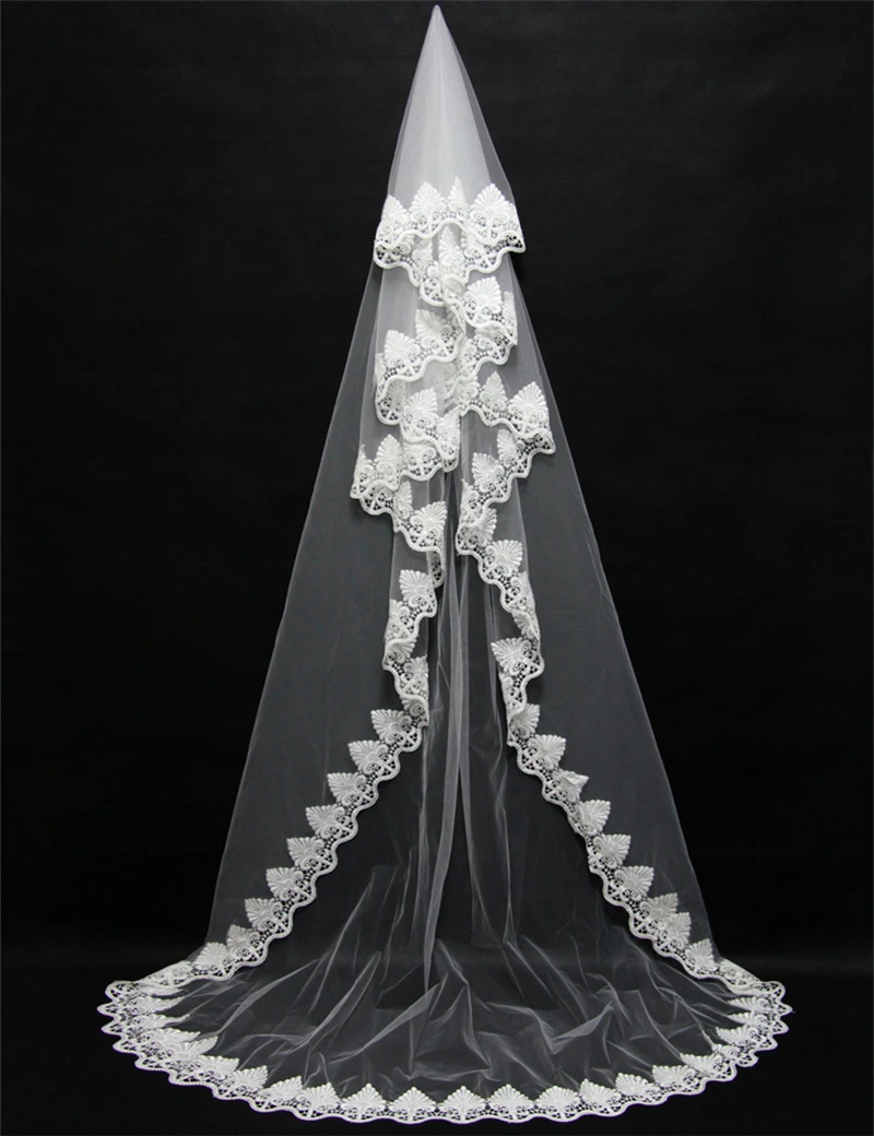 Белый Собор Свадебная Фата 2.8 м Длинные Края Шнурка Bridal Veil с Расческой Свадебные