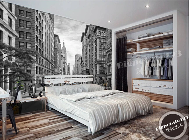 3D фрески на заказ современное черно-белое здание с изображением Нью-Йорка стены
