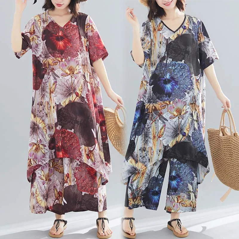 2019 summer new Loose Chiffon Retro fashion elegant printing Mid-length top + Ankle-Length pants large size casual women's suit
2019 summer new Loose Chiffon Retro fashion elegant printing Mid-length top + Ankle-Length pants large size casual women's suit