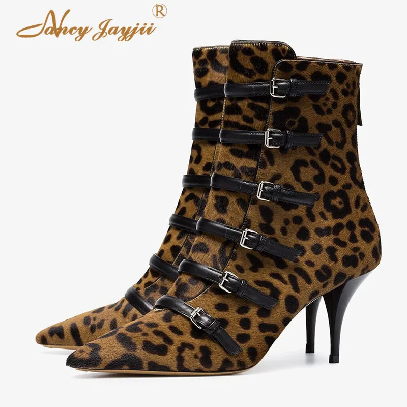

Nancyjayjii Leopard Flock Multi-Buckle Women’S Sexy Ankle Boots Pointed Toe High Thin Heels 2021 Winter Female Booties Zip Shoes