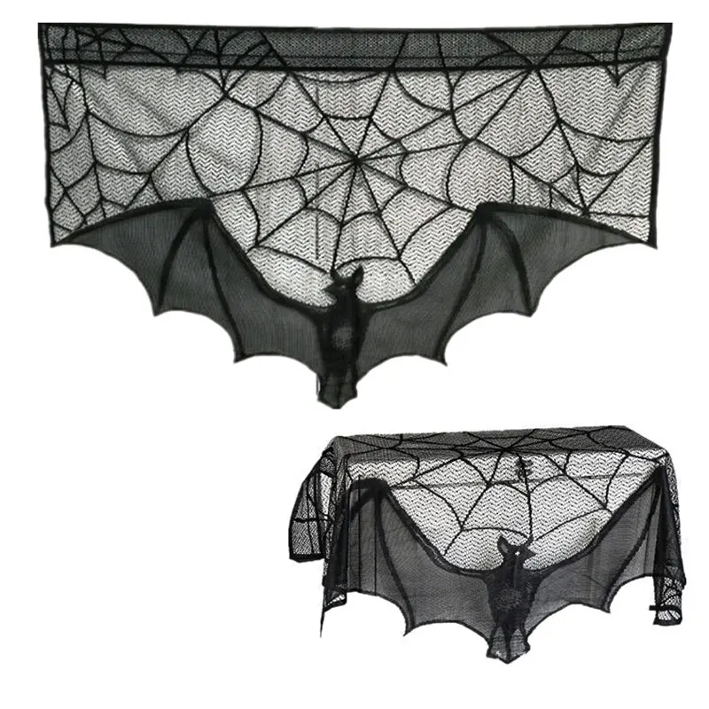 Black Lace Spiderweb Halloween Decorations Table Runner Light Cover Tablecloth Bat Curtain Home Decor Fireplace Mantle Scarf | Дом и сад