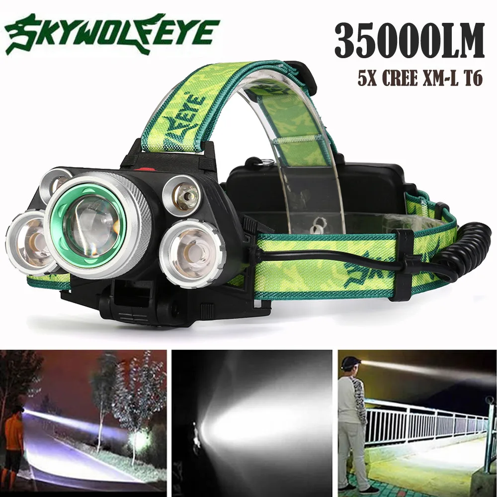 Высокое качество 35000 лм 5X CREE XM-L T6 светодиодный перезаряжаемый налобный фонарь для