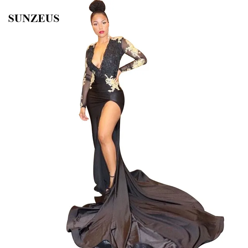 Black And Gold Prom Dress With Appliques Sexy Deep V-neck Side Slit Party Gowns Backless Mermaid Sweep Train Women Long Dress
Black And Gold Prom Dress With Appliques Sexy Deep V-neck Side Slit Party Gowns Backless Mermaid Sweep Train Women Long Dress