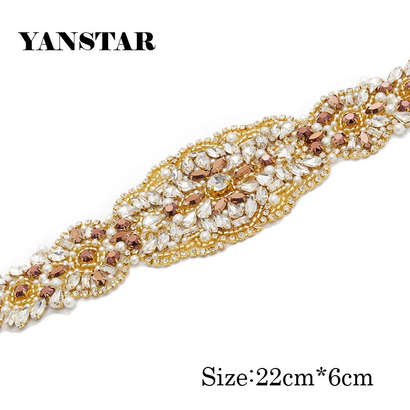 

YANSTAR (30pcs) Hand Bridal Sash Rhinestones Appliques Accessory Clear Gold Crystal Sew On For Wedding Dress Belt YS989