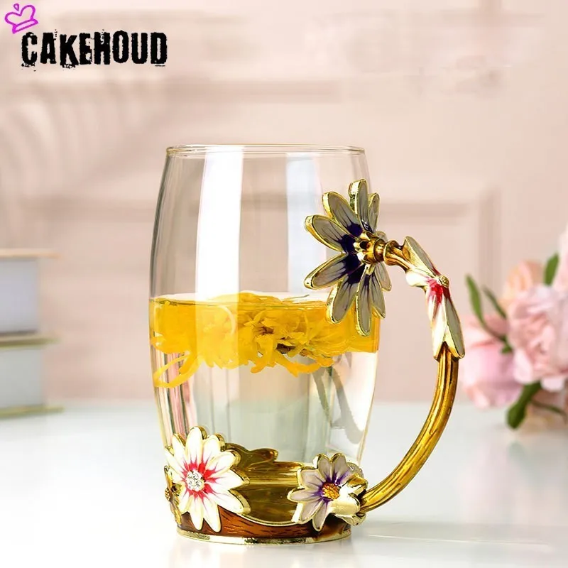 Цветная эмалированная чашка CAKEHOUD с металлической ручкой прозрачная стеклянная