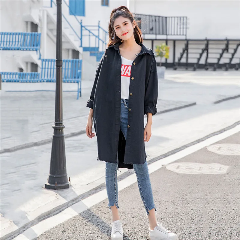 2019 Spring New Pattern Korean Print Turn-down Collar Long Cowboy Loose Single Breasted Coat Woman Windbreaker YH129 | Женская одежда