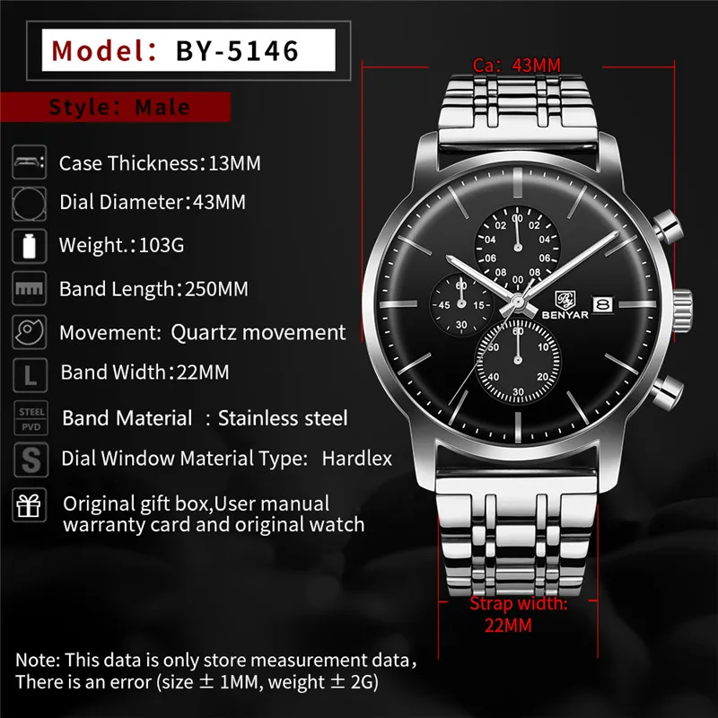 BENYAR Men's Watches Luxury Business Watch Men Top Brand 2019 New Quartz Stainless Steel Chronograph Wristwatch Relogio Masculin
BENYAR Men's Watches Luxury Business Watch Men Top Brand 2019 New Quartz Stainless Steel Chronograph Wristwatch Relogio Masculin