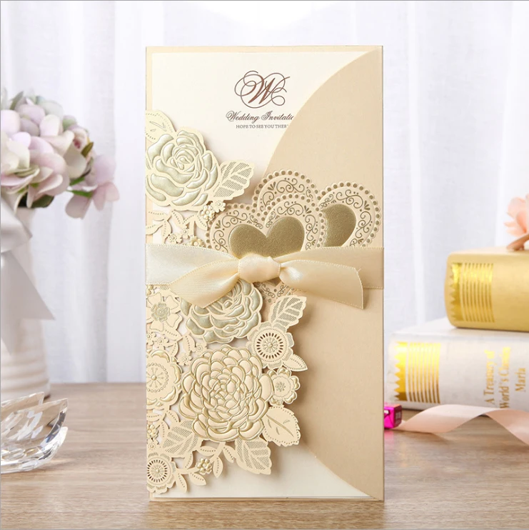 High Quality 50pcs Wedding Invitation Card With Ribbon 113*215 mm Gold Flower Card Including Inside Paper , Envelope And Seal
High Quality 50pcs Wedding Invitation Card With Ribbon 113*215 mm Gold Flower Card Including Inside Paper , Envelope And Seal
