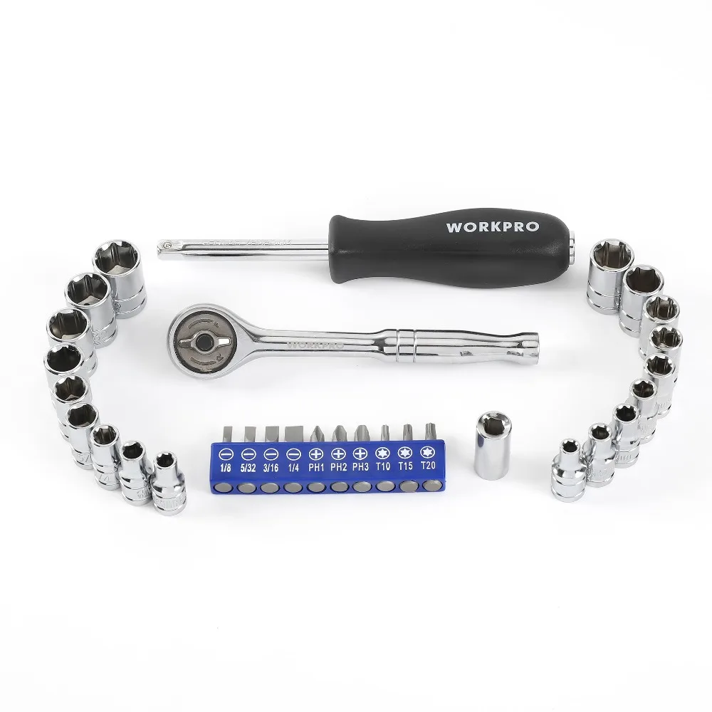 WORKPRO 31PC 1/4" Zero Degree Socket Wrench Tool Direct Drive Ratchet Spanner Sockets Set
WORKPRO 31PC 1/4" Zero Degree Socket Wrench Tool Direct Drive Ratchet Spanner Sockets Set