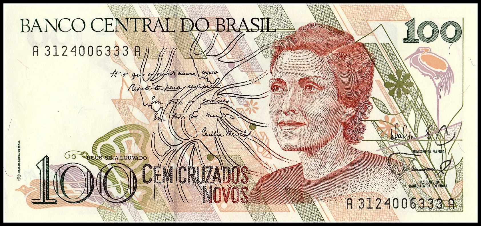 Бразилия 100 Cruzados новоса 1989 P 220 UNC оригинальная коллекция банкнот мира настоящая