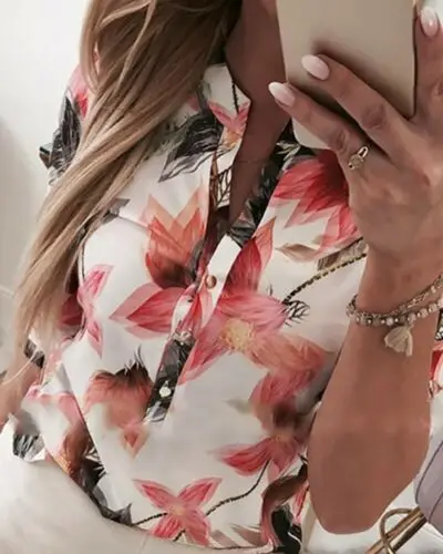 Женская блузка на пуговицах Повседневная Свободная с рукавом 3/4 и цветочным