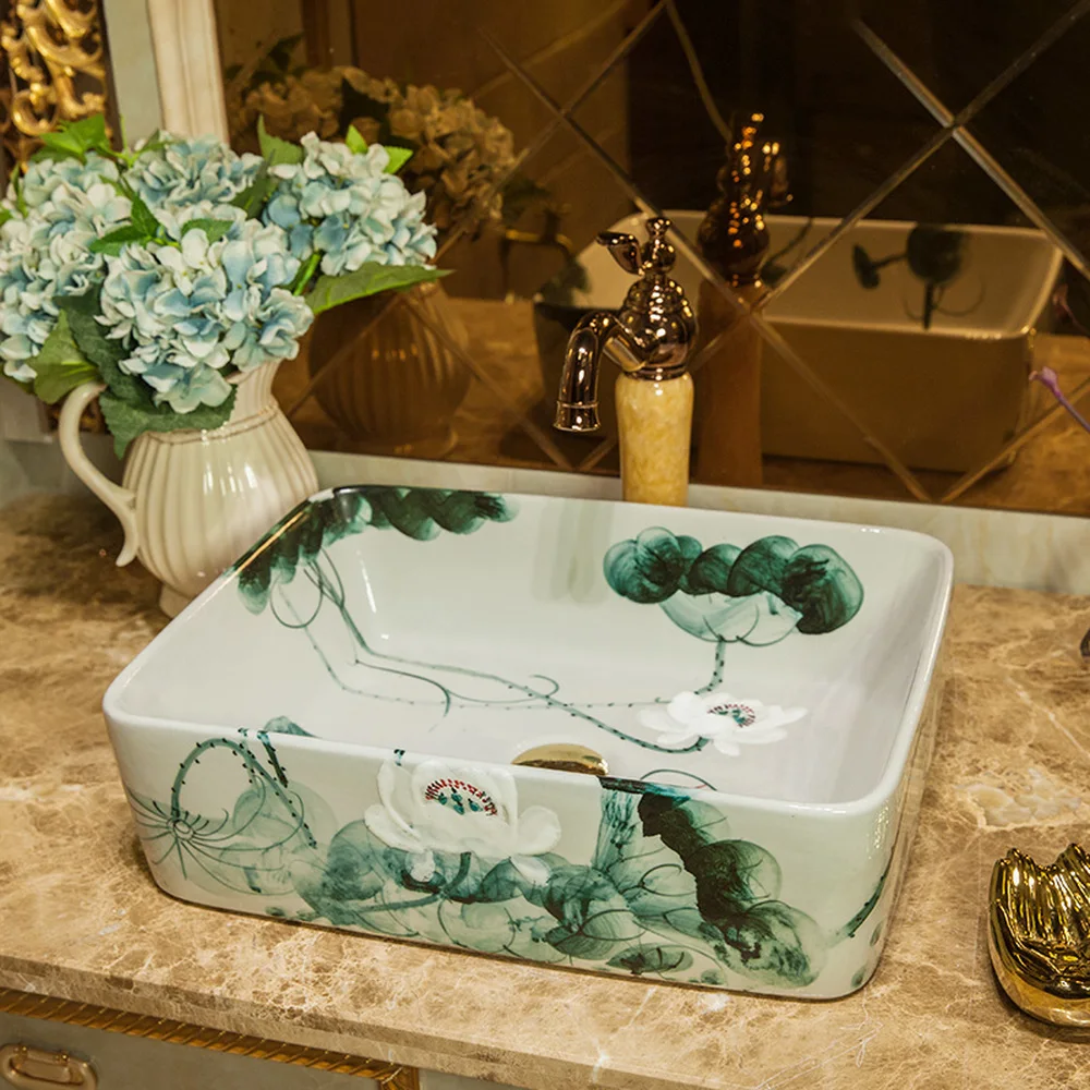Bathroom Chinese style ceramic wash basin above basin hand-painted art basin wash basin wash basin square white lotus LO621528
Bathroom Chinese style ceramic wash basin above basin hand-painted art basin wash basin wash basin square white lotus LO621528