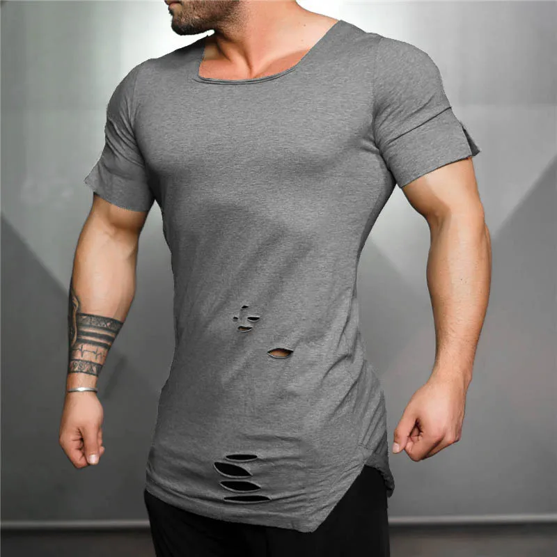 Muscleguys 2021 Новая модная однотонная рваная футболка Мужская в стиле хип хоп
