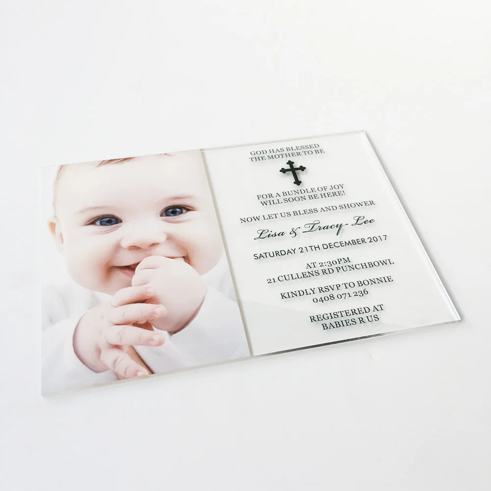 Customized 50pcs per Lot 5x7inch UV printing photo Clear Acrylic Christening and Baptism Invitations
Customized 50pcs per Lot 5x7inch UV printing photo Clear Acrylic Christening and Baptism Invitations