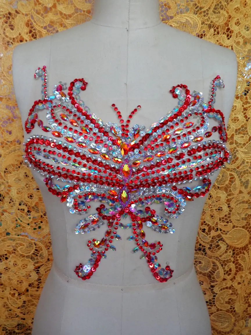 

hand made dazzling red/clear AB colour sew on Rhinestones applique Butterfly shape crystals patches 30*27cm dress accessory