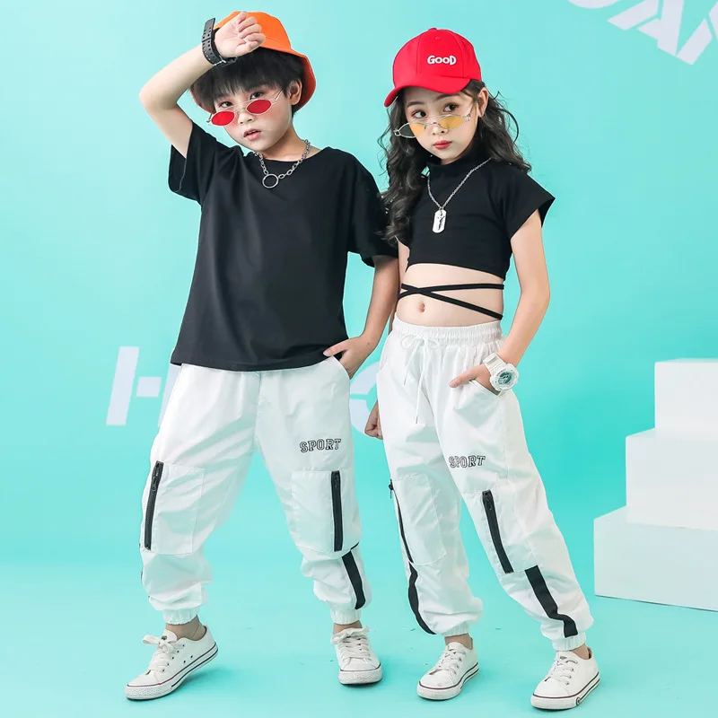 

Kids Boy Girl Hip Hop Dance Costume Hiphop Street Ballroom Dancing Clothes Children Jazz Outfit Black Crop Top White Pants Suit