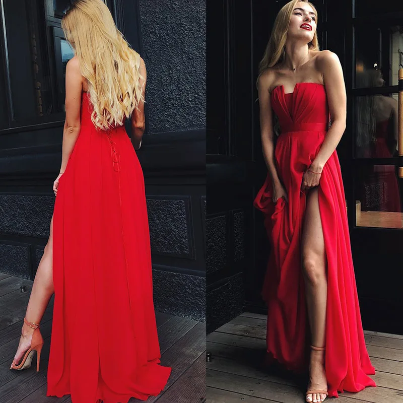 Beautiful Elegant Red Floor-Length Sleeveless Chiffon Strapless High Slit Formal Prom Dresses Gowns with Satin Sashes
Beautiful Elegant Red Floor-Length Sleeveless Chiffon Strapless High Slit Formal Prom Dresses Gowns with Satin Sashes