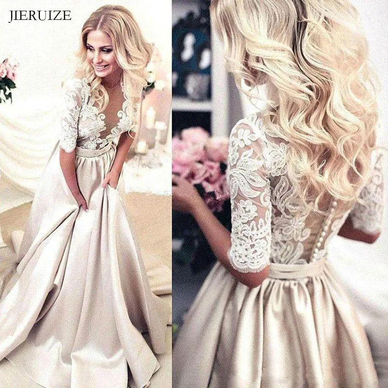 JIERUIZE Vintage Lace Appliques Champagne Wedding Dresses 2019 half Sleeves Sheer Buttons Bride Dresses Wedding Gowns mariage
JIERUIZE Vintage Lace Appliques Champagne Wedding Dresses 2019 half Sleeves Sheer Buttons Bride Dresses Wedding Gowns mariage