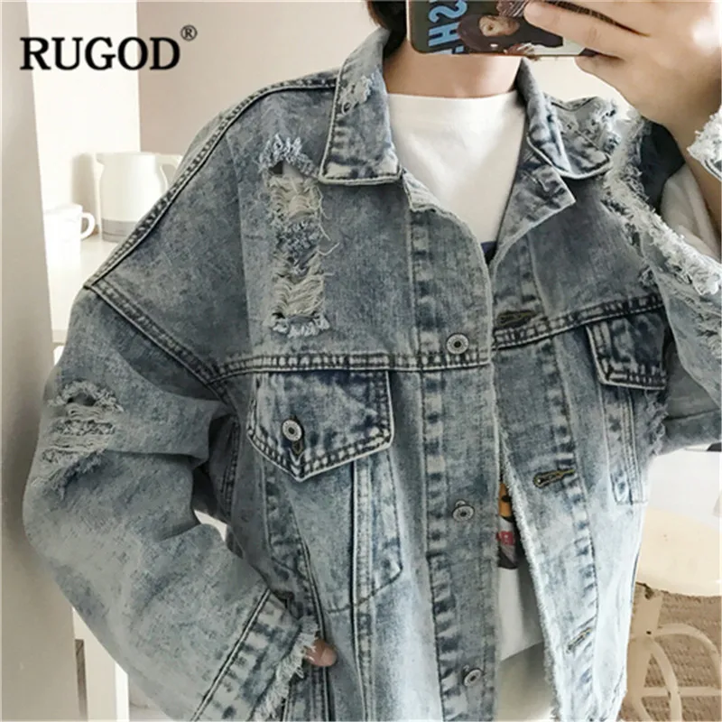 RUGOD/модные рваные джинсовые куртки повседневные свободные с воротником-стойкой