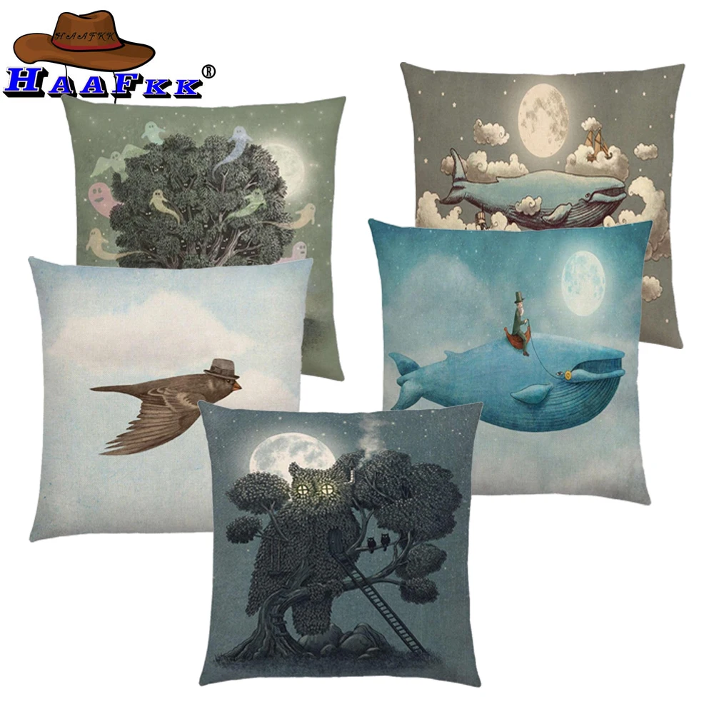 Moon Night Tree милый эльф маленький призрак парусник Кит море океан олень медведь