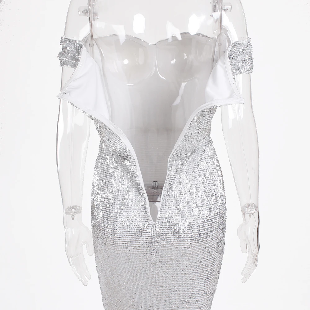 Off The Shoulder Silver Sequined Evening Dress Backless Split Leg Prom Dress Floor Length Boat Neck Wedding Party Dress
Off The Shoulder Silver Sequined Evening Dress Backless Split Leg Prom Dress Floor Length Boat Neck Wedding Party Dress
